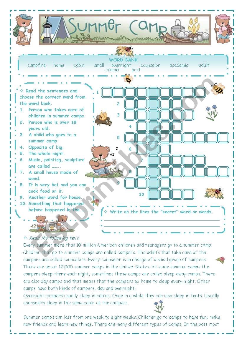 Summer Camp - 2 pages worksheet