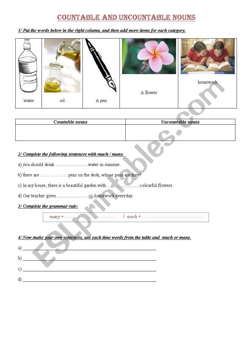 countable uncountabe nouns worksheet