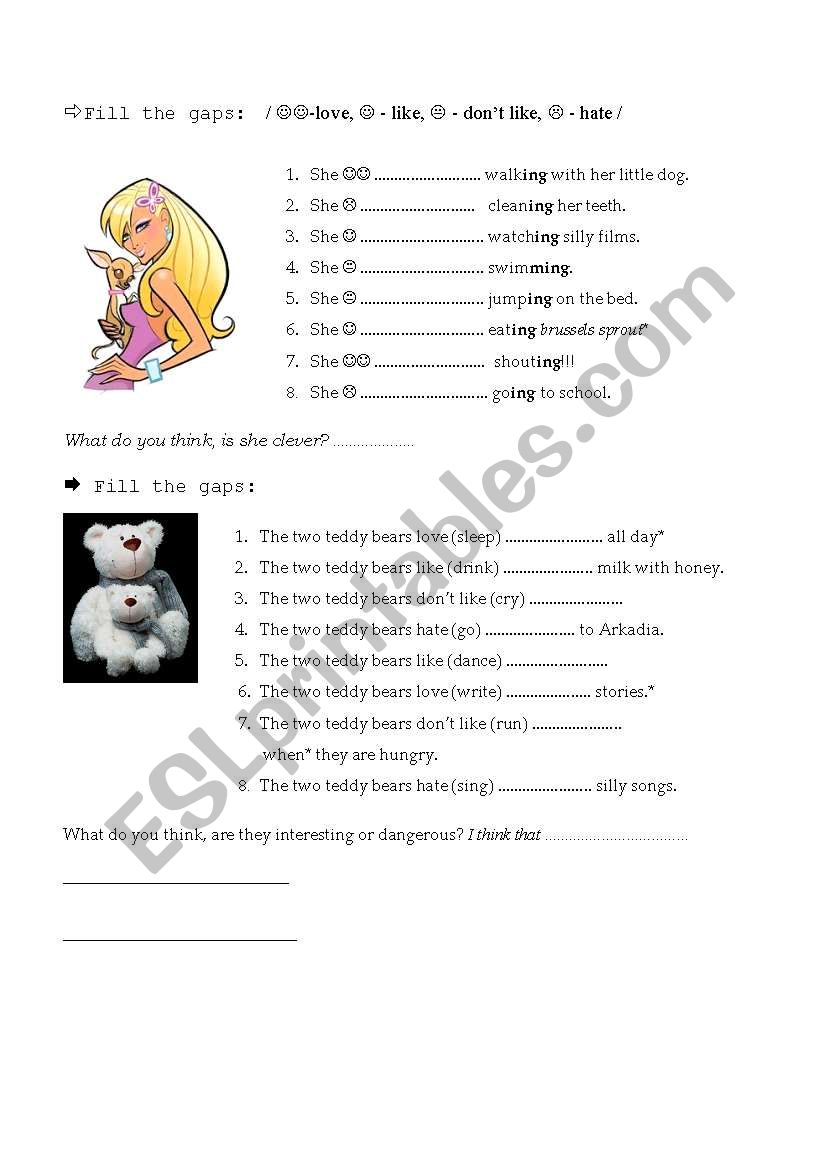 like, love, hate +ing  worksheet