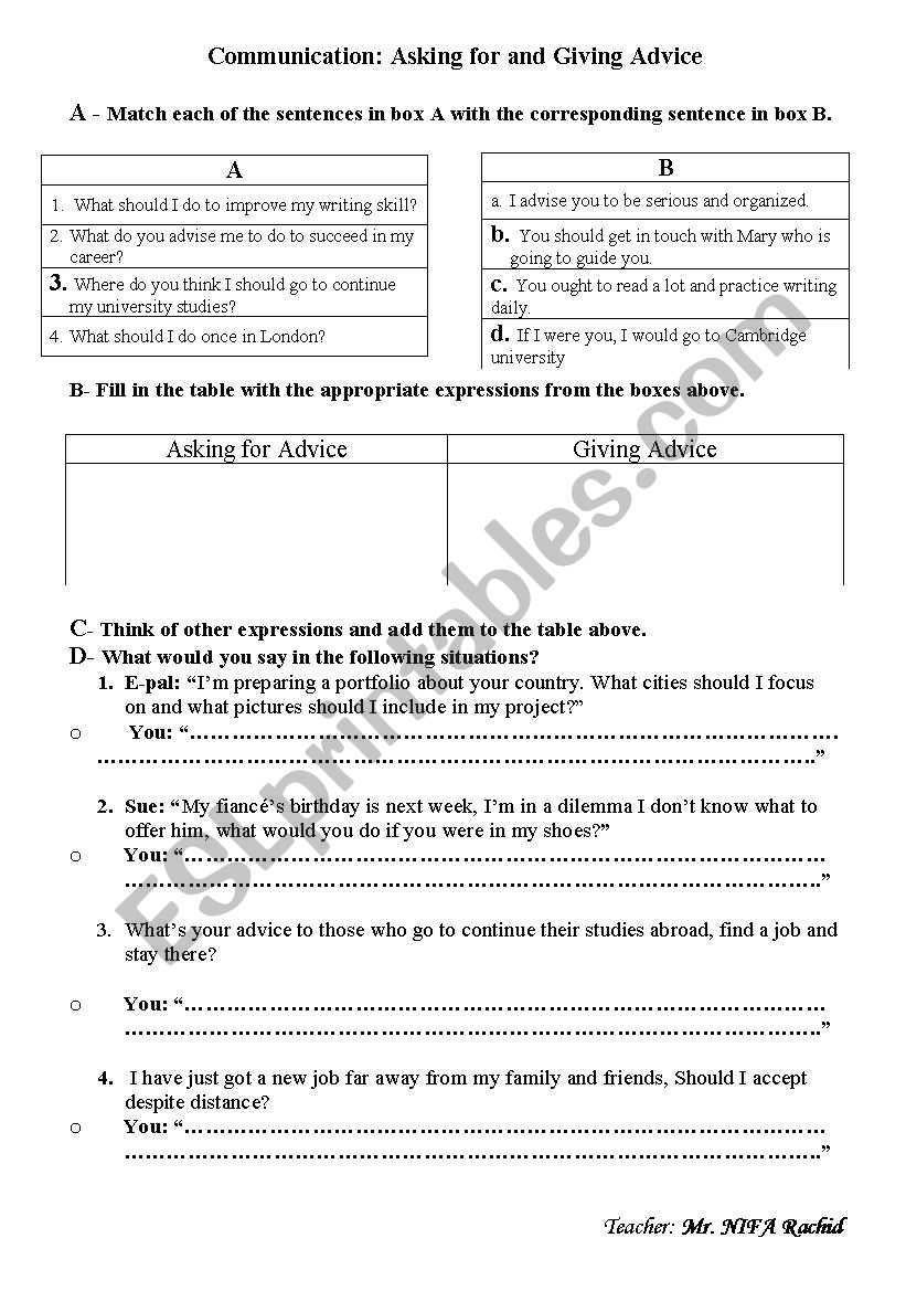 expressing advice worksheet