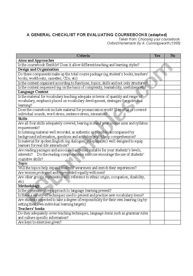 Checking list to assess textbooks