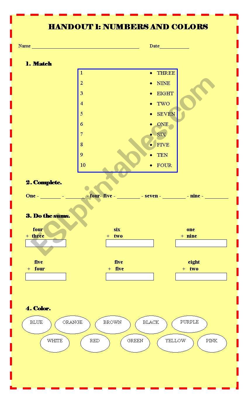 NUMBERS AND COLORS worksheet