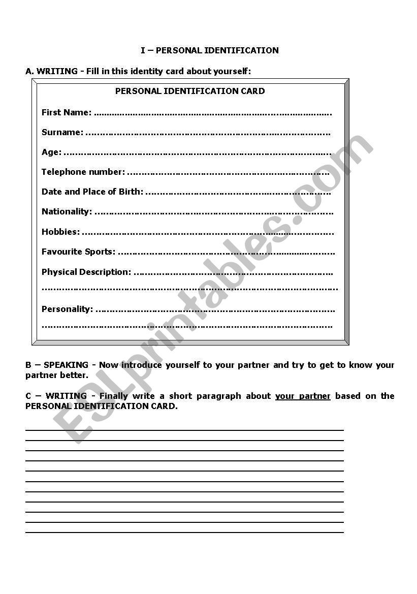 personal ID worksheet