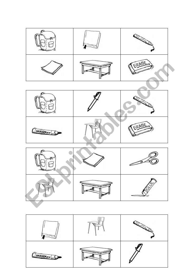 CLASSROOM OBJECTS BINGO worksheet