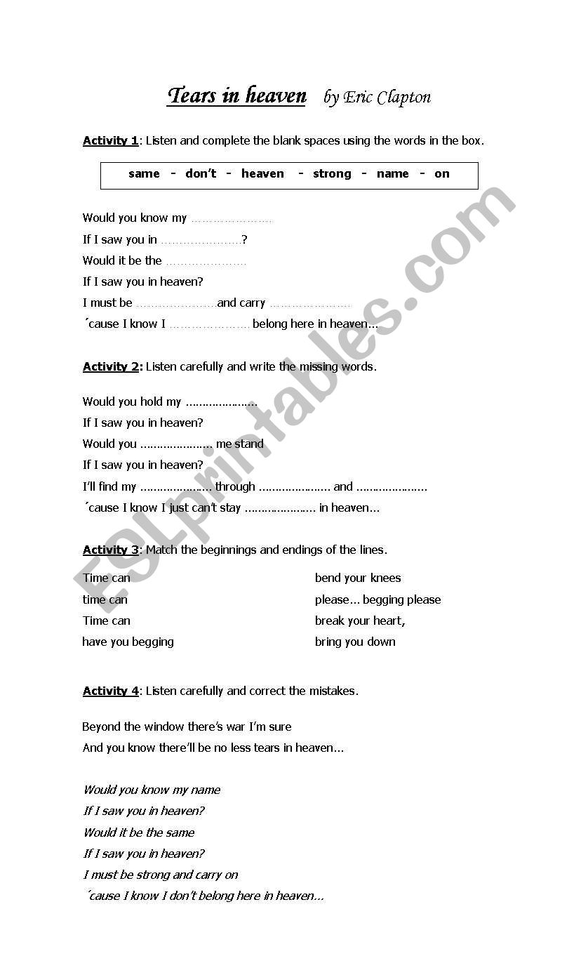 Tears in Heaven worksheet