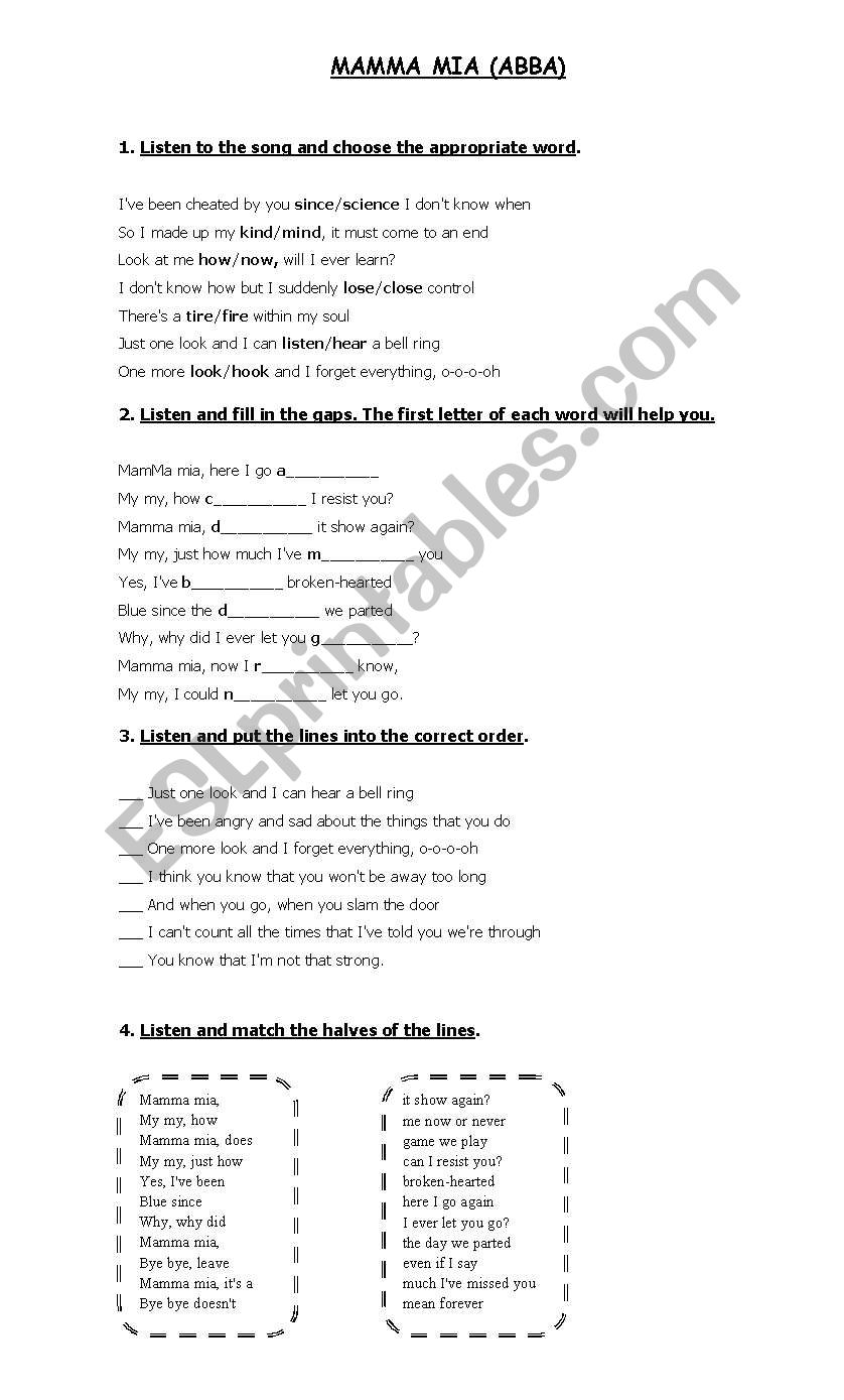 Mamma mia worksheet