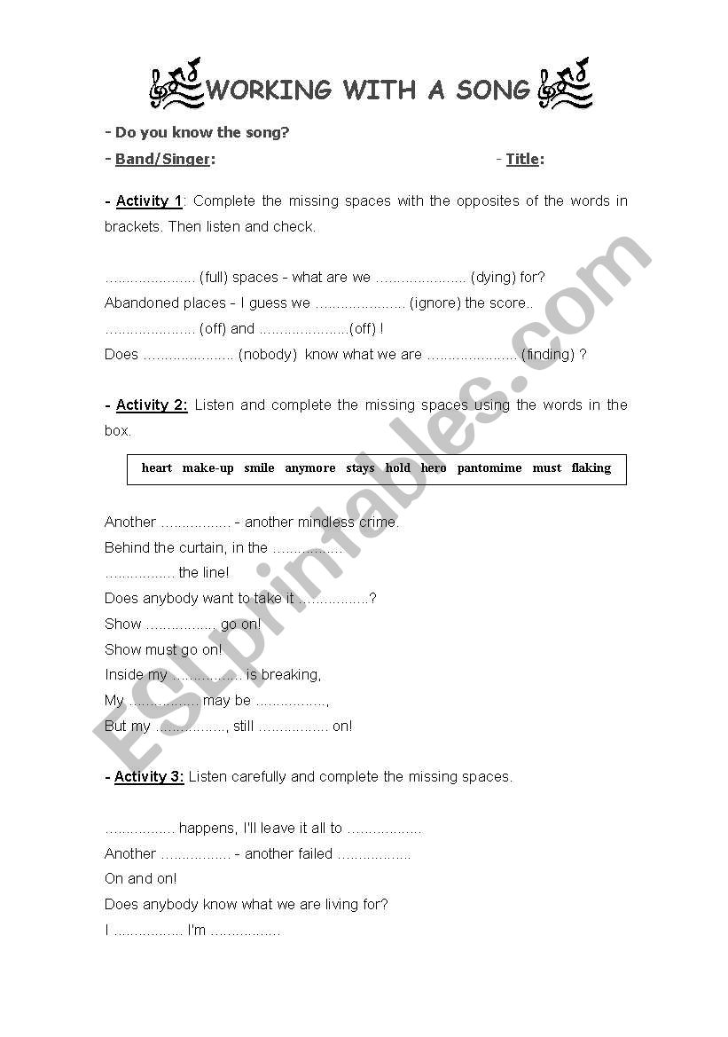 Show must go on worksheet