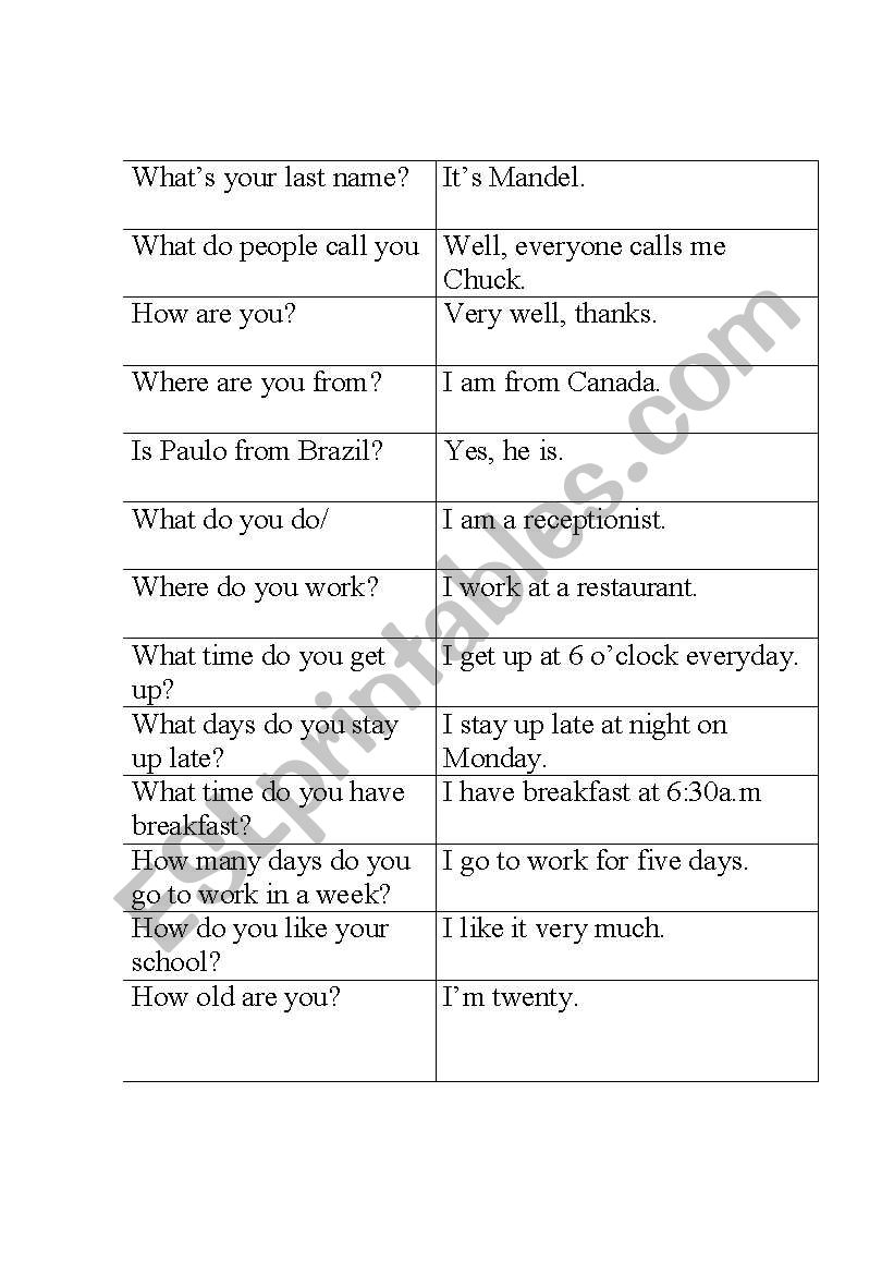 Q&A cards worksheet