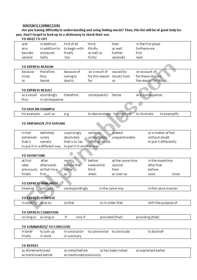 conjuctions: full list worksheet