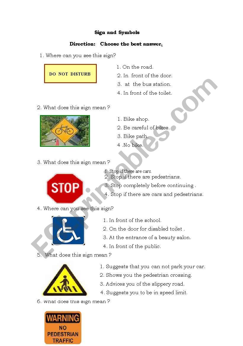 Signs and symbol worksheet