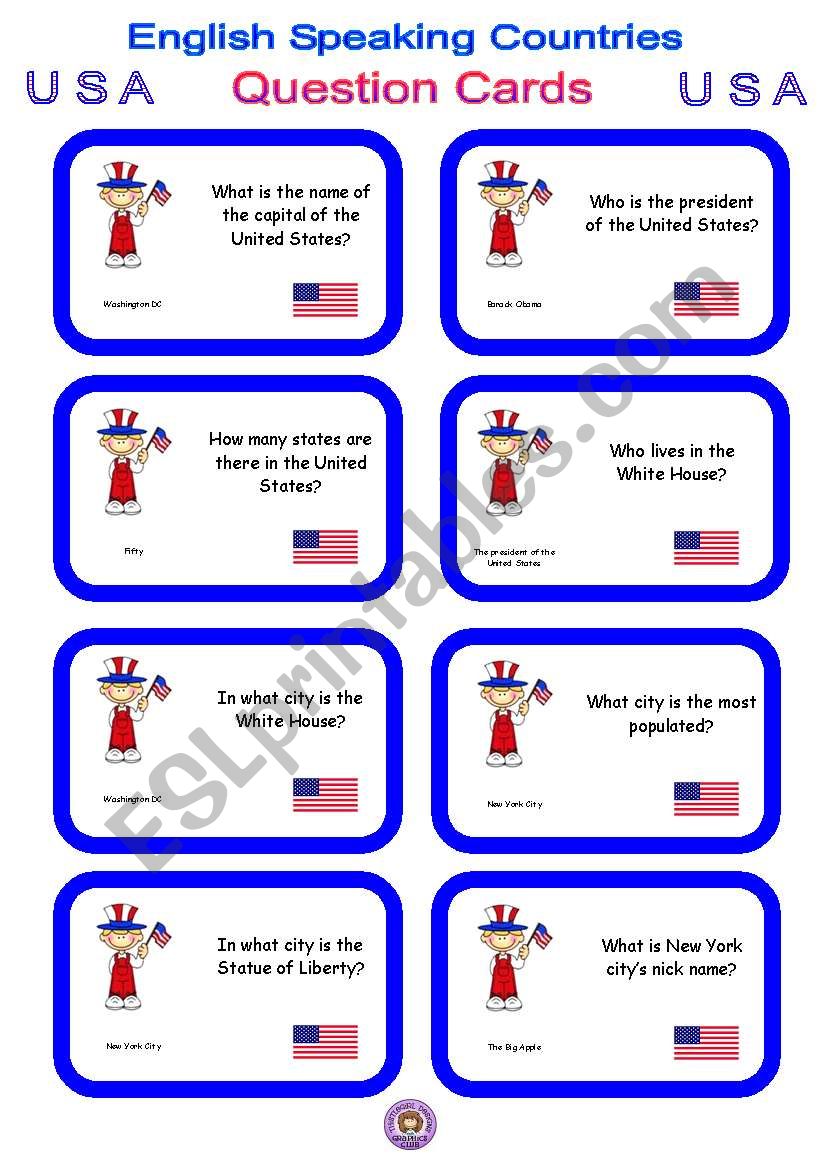 English Speaking Countries - Question cards 1 - USA