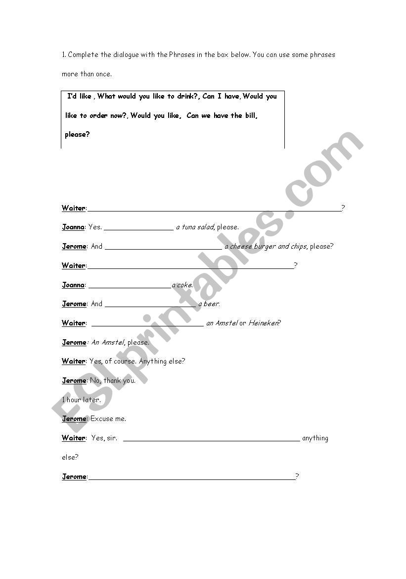 Ordering in a cafe bar worksheet