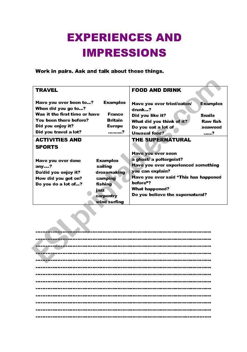 EXPERIENCES AND IMPRESSIONS worksheet