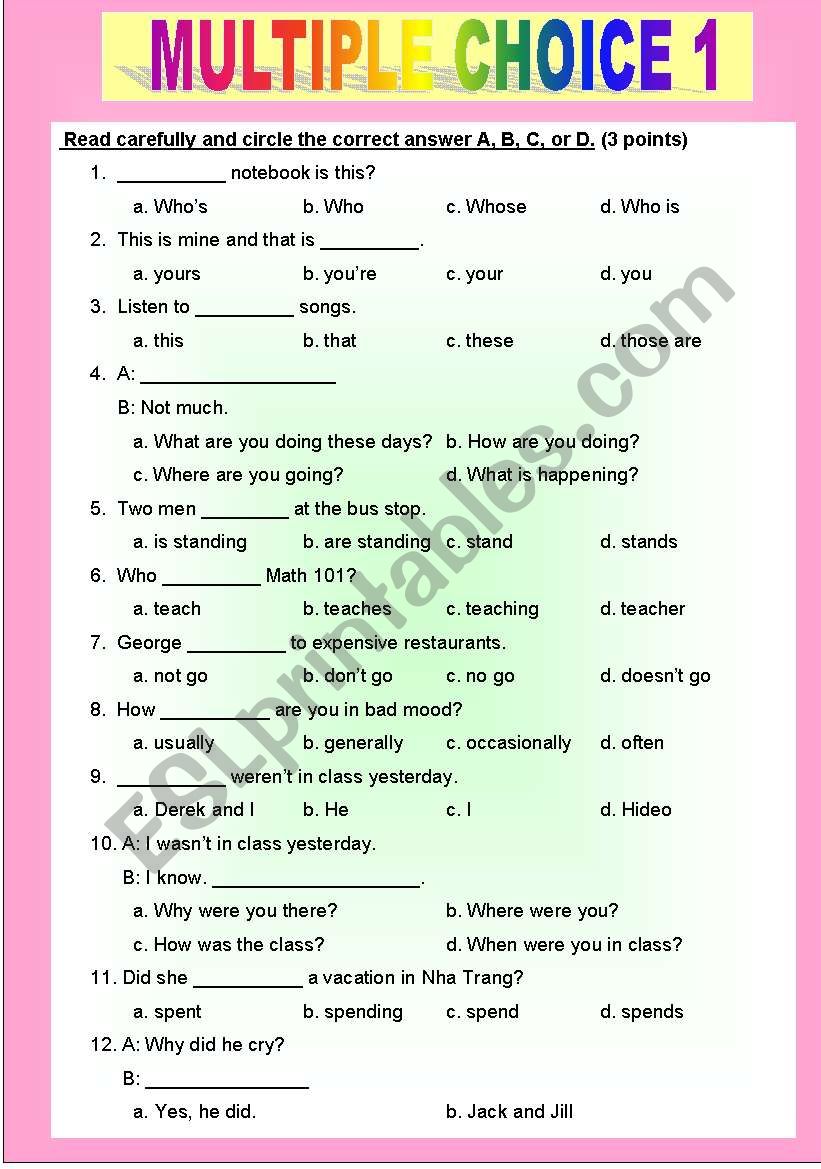 MULTIPLE CHOICE 1 worksheet