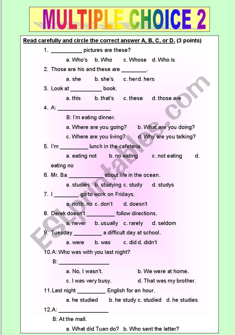 MULTIPLE CHOICE 2 ESL worksheet By LUCKYNUMBER2010