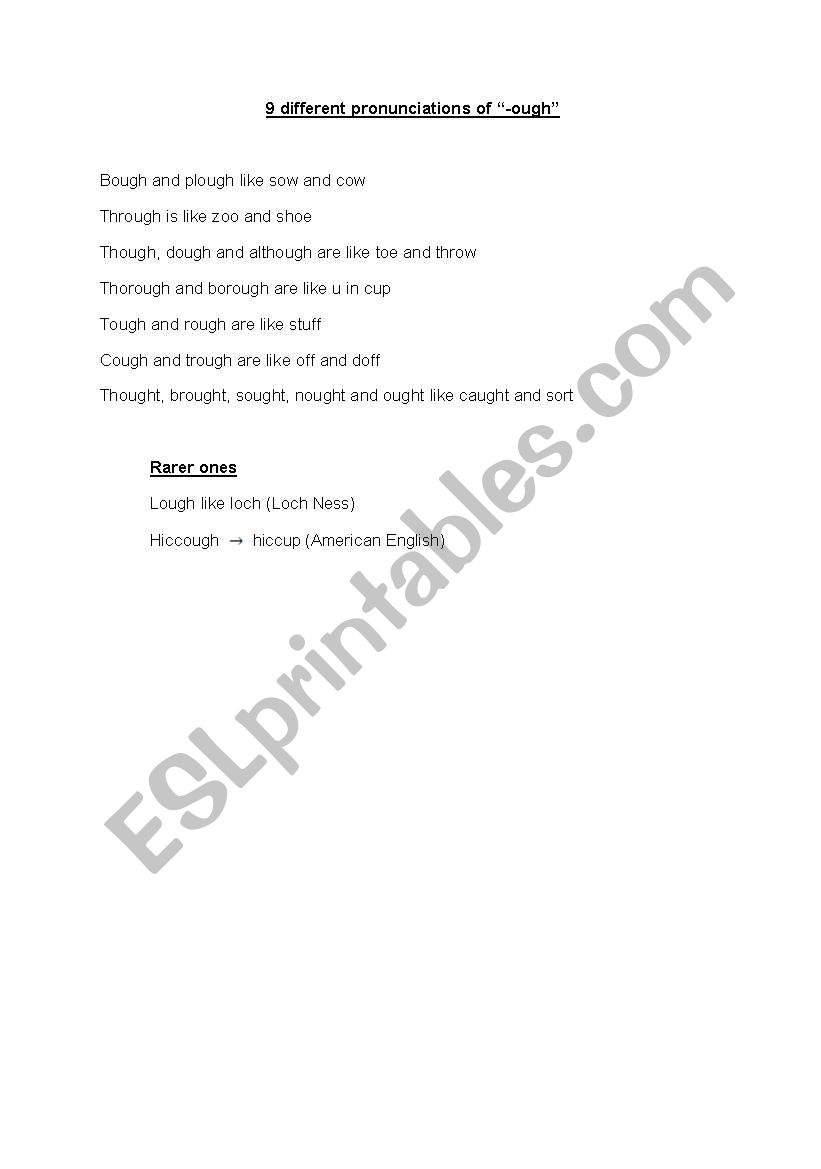 English worksheets 9 different pronunciations of ough 