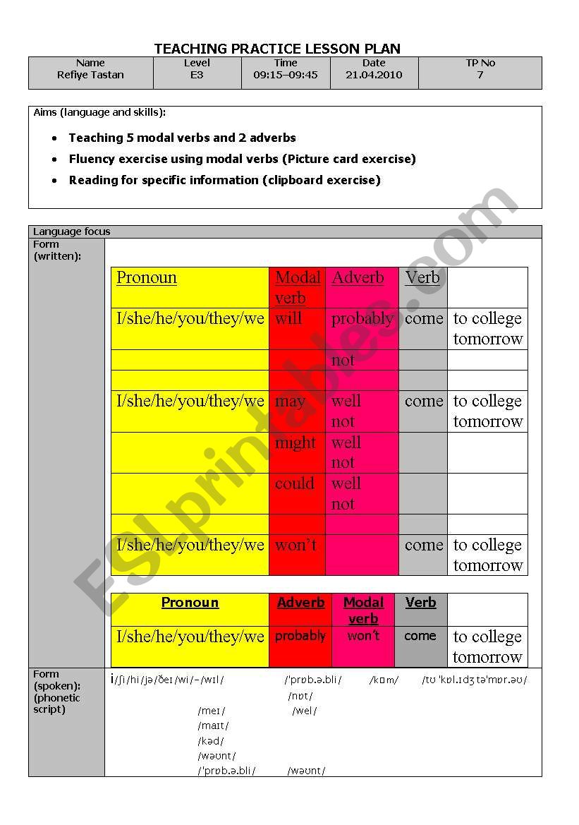 Modal verbs lesson plan worksheet