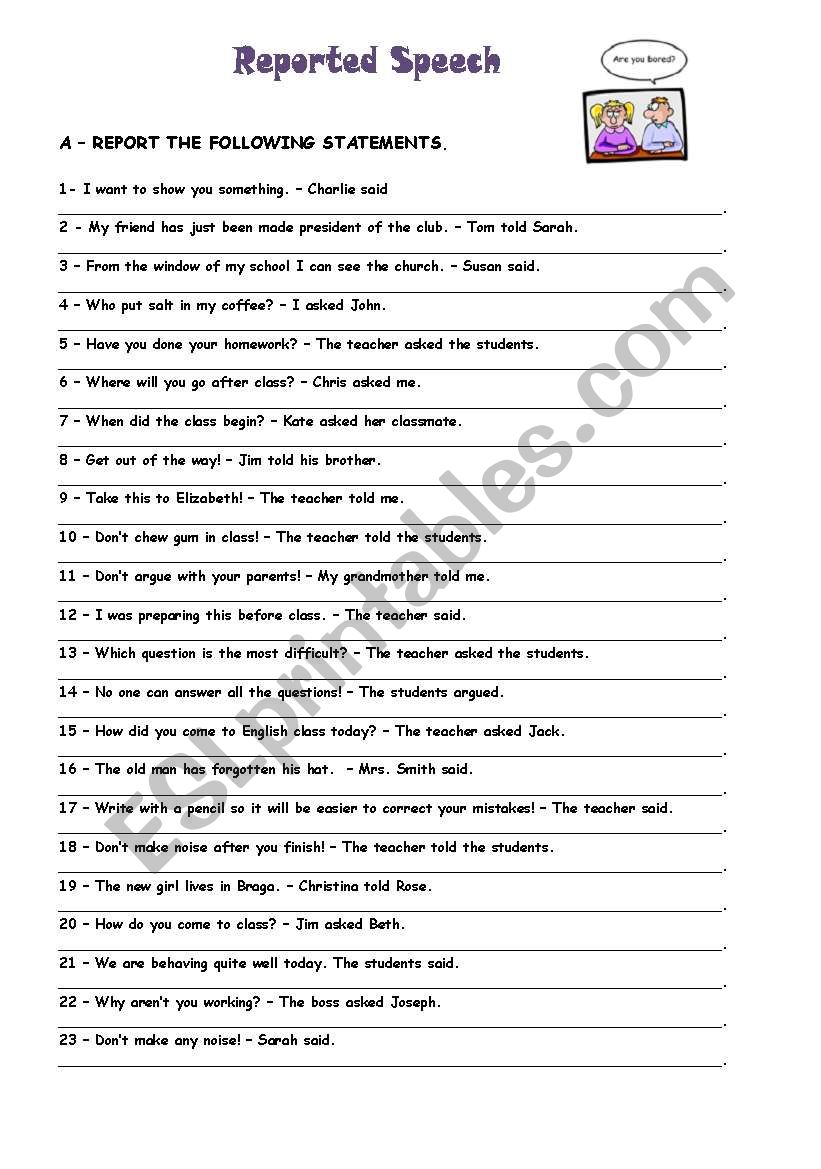 english reported speech exercises for class 10