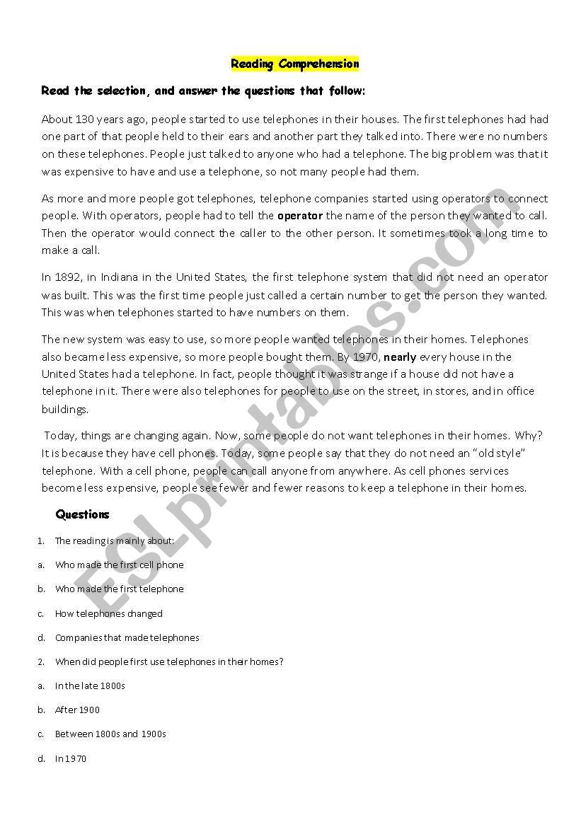 Reading Comprehension worksheet