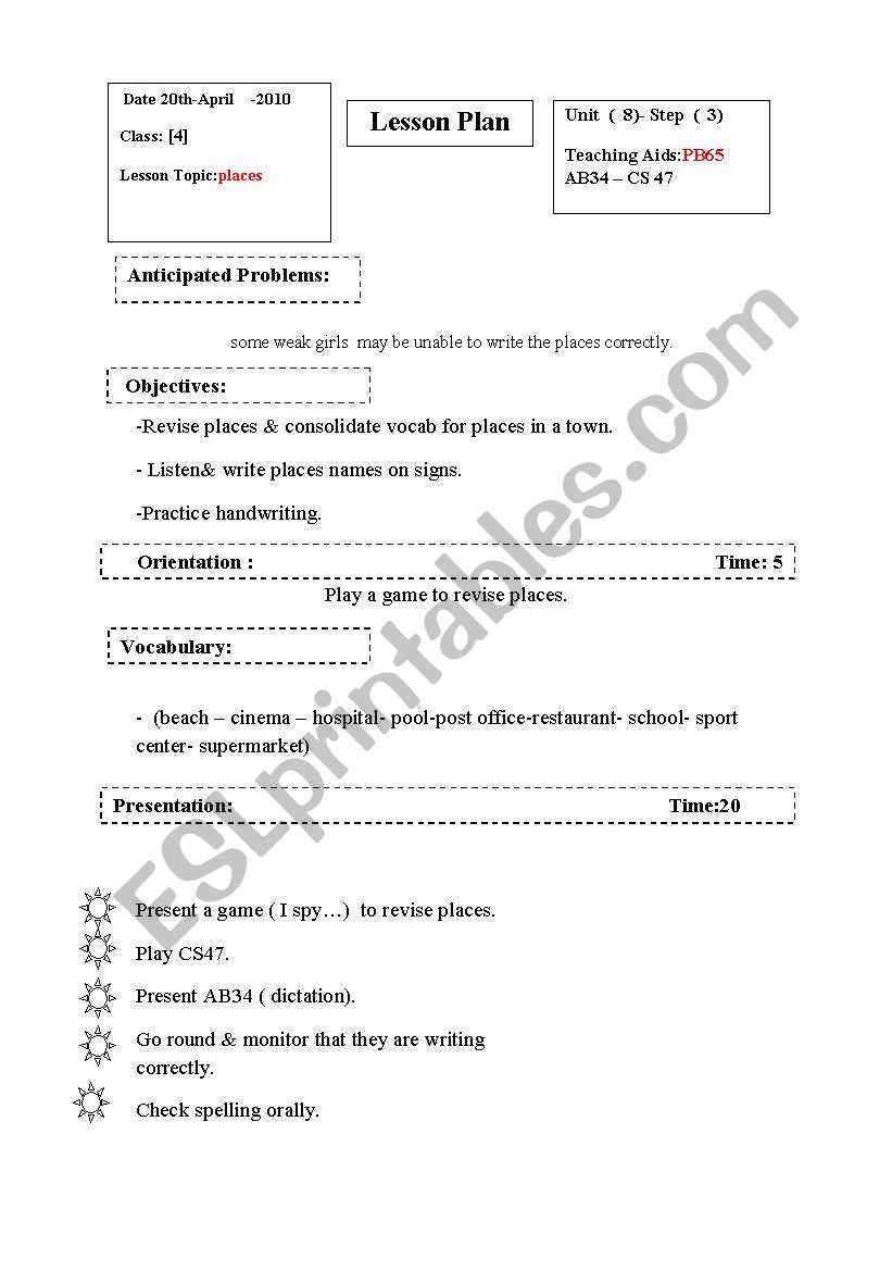 places lesson plan worksheet