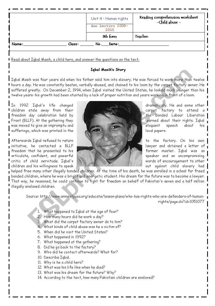 Iqbal Masihs story worksheet