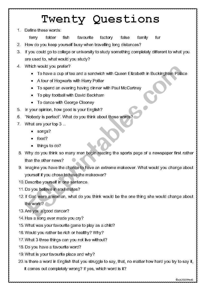 Twenty Questions worksheet