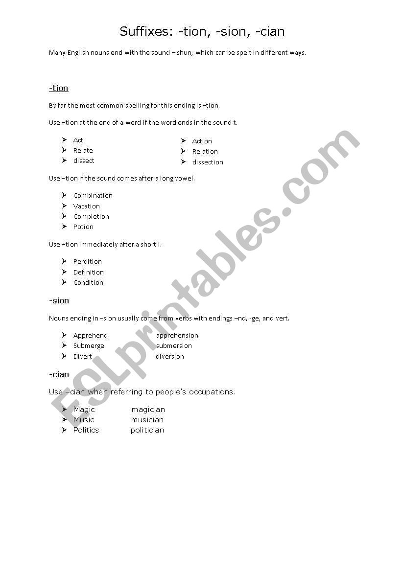 suffixes the shun sound worksheet