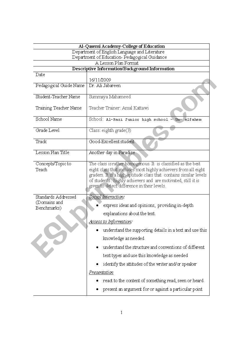 another day in paradise worksheet