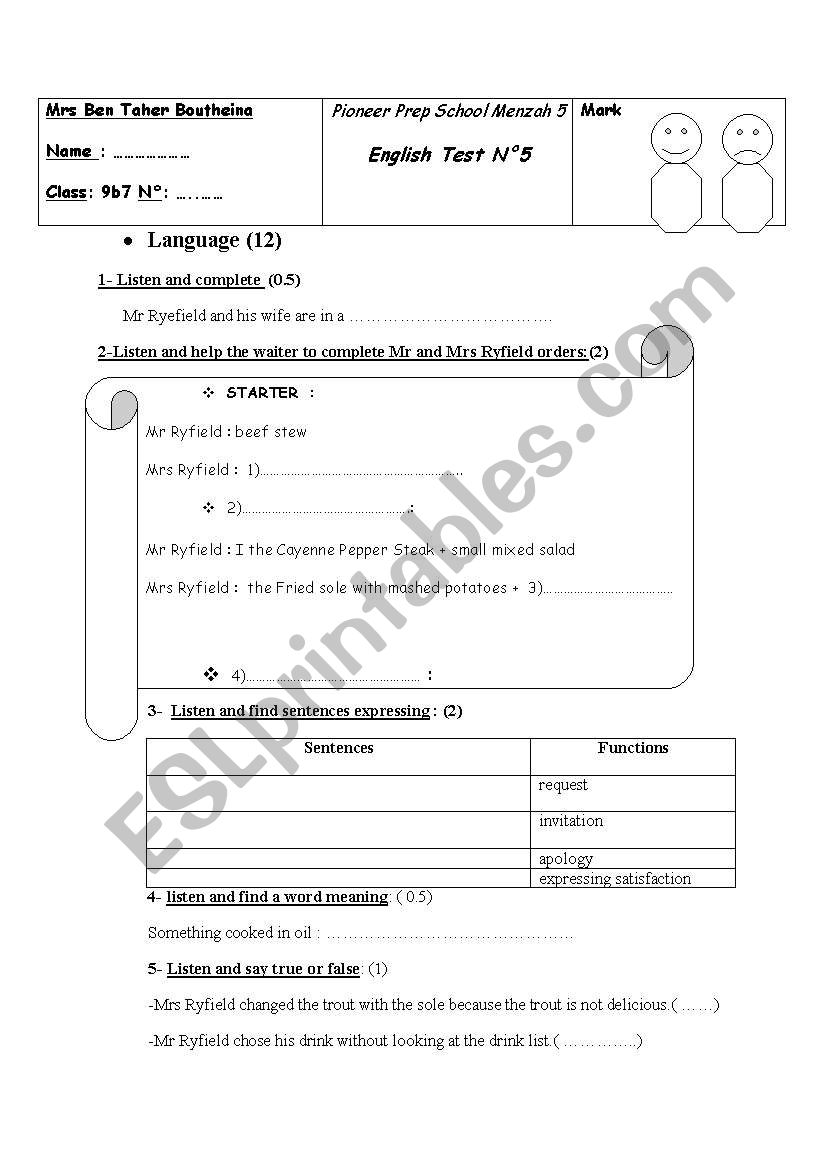 test fo 9th form worksheet