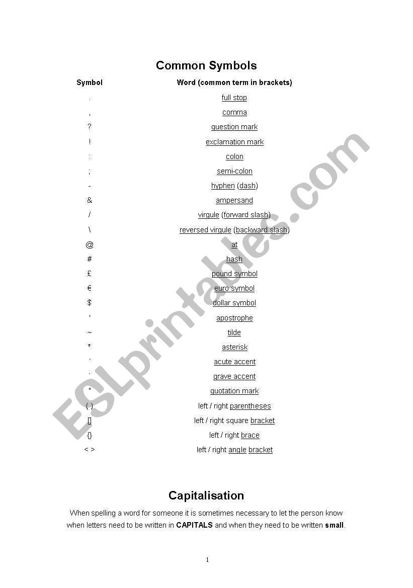 common symbols worksheet