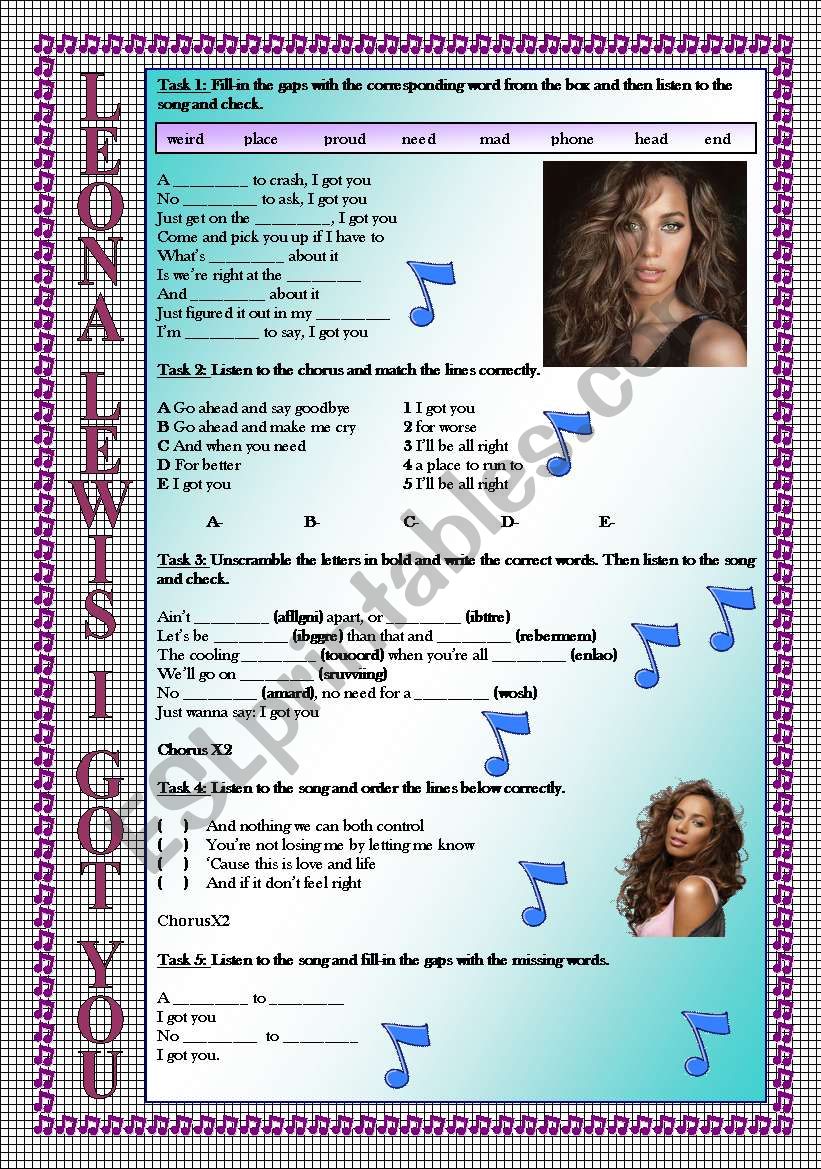 Leona Lewis I Got You LISTENING song-based activity (FULLY EDITABLE AND KEY INCLUDED!!!)