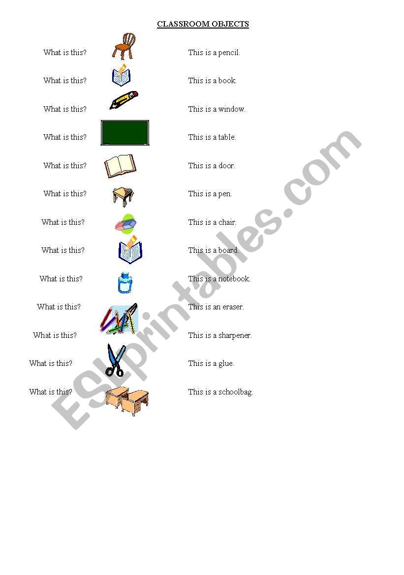 classroom objects matching worksheet