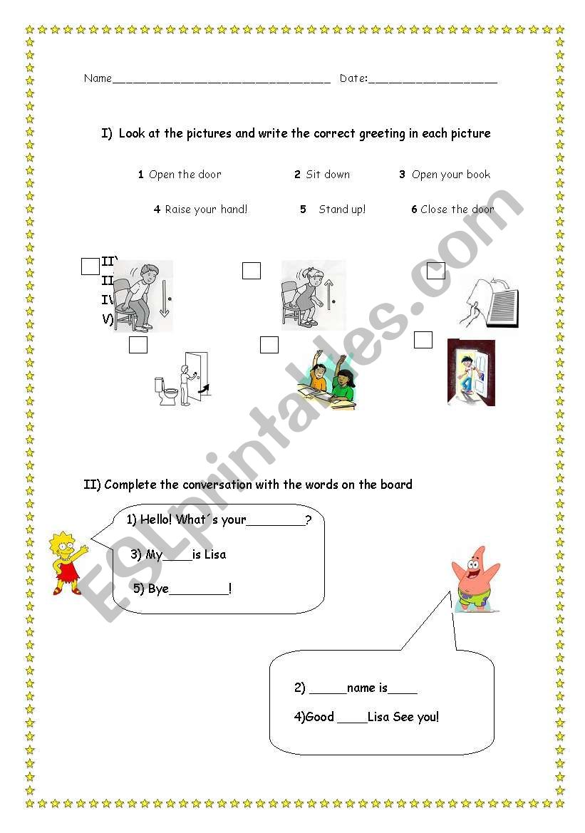 Commands and greetings worksheet
