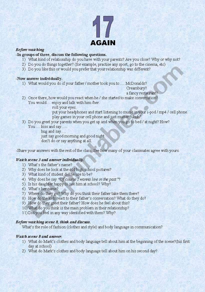 17 AGAIN : communication worksheet