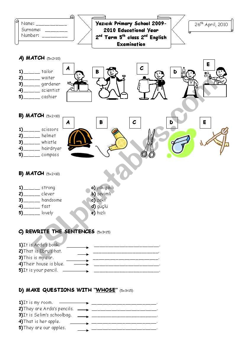 2nd term 5th grade 2nd exam worksheet