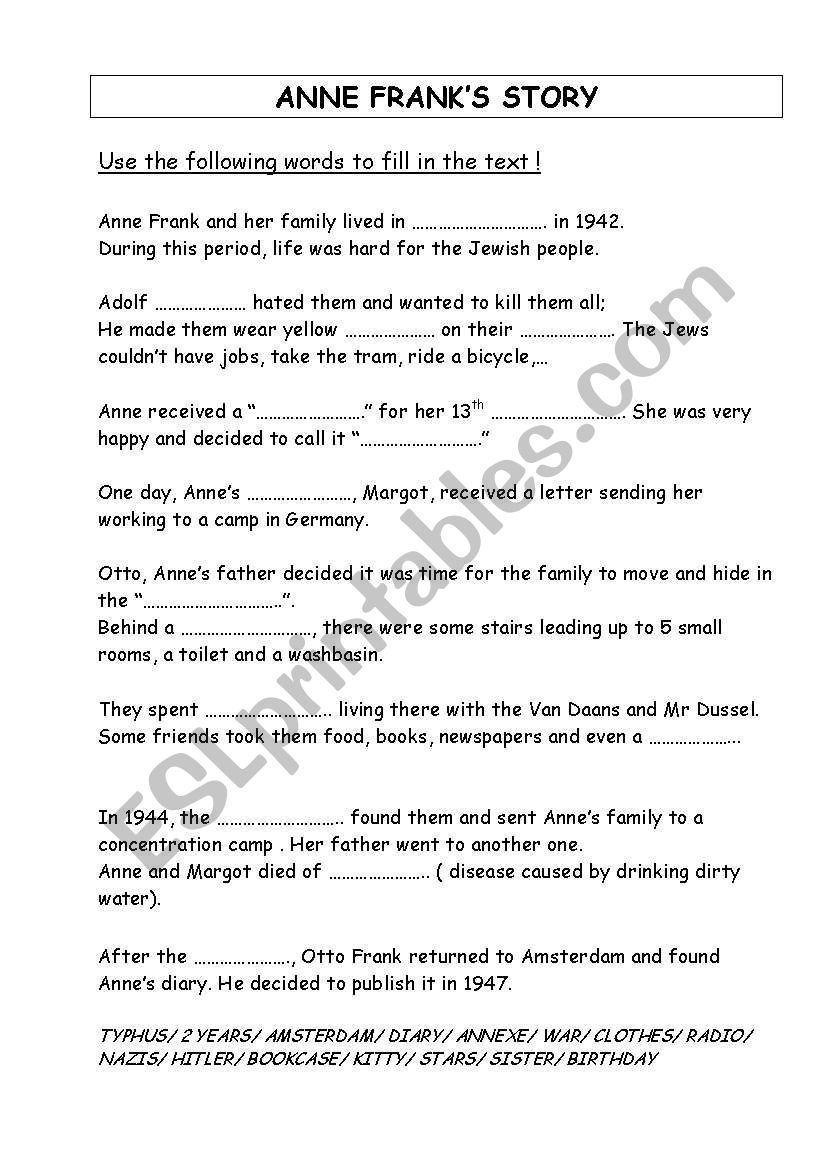 Anne Franks story worksheet
