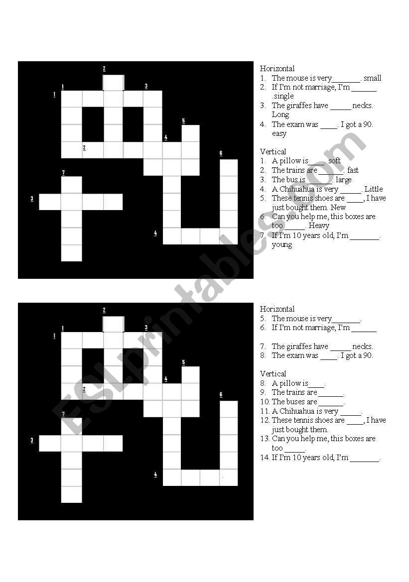 crossword adjectives worksheet