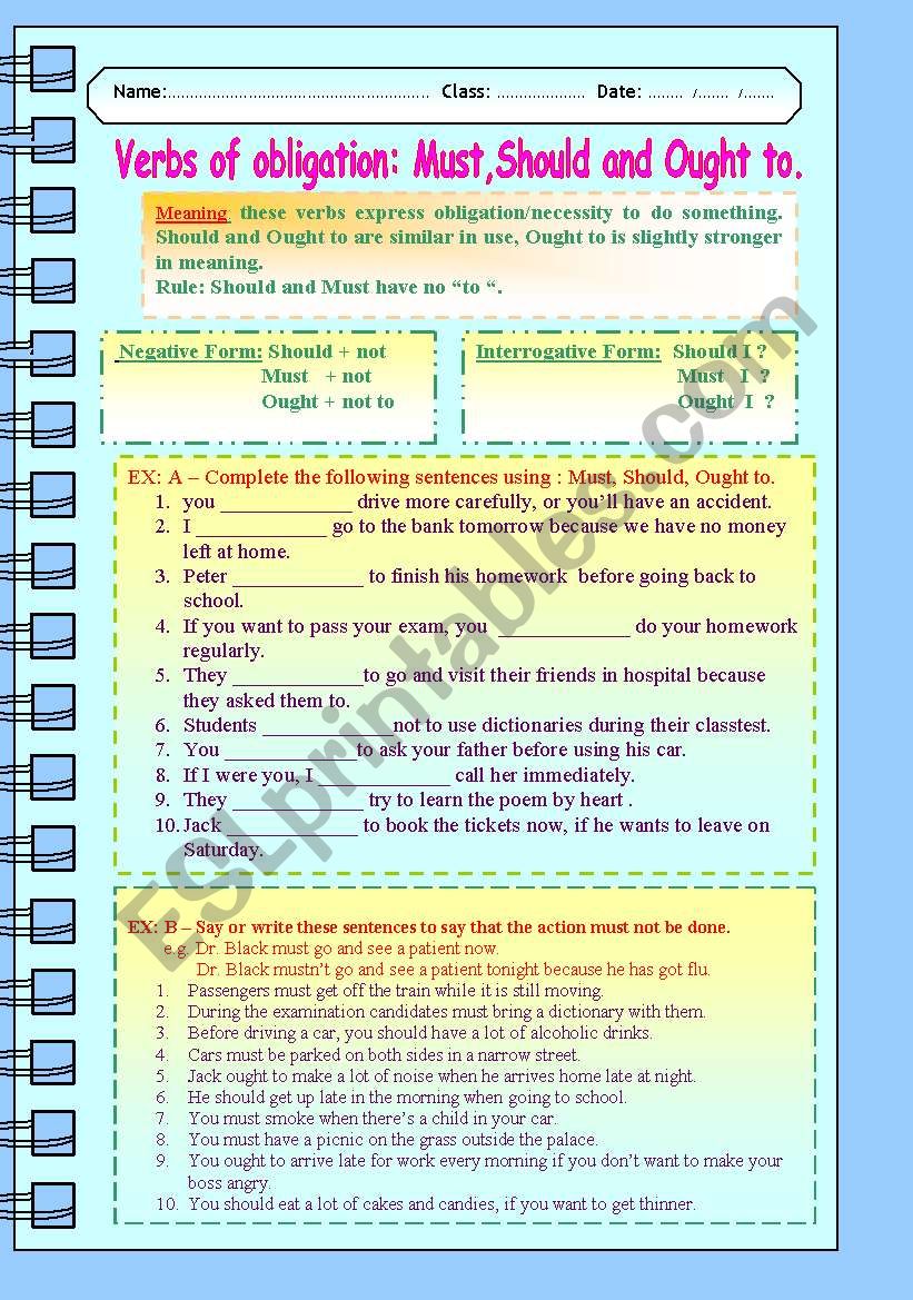 Verbs Of Obligation Must Should And Ought To Esl Worksheet By Lucetta06