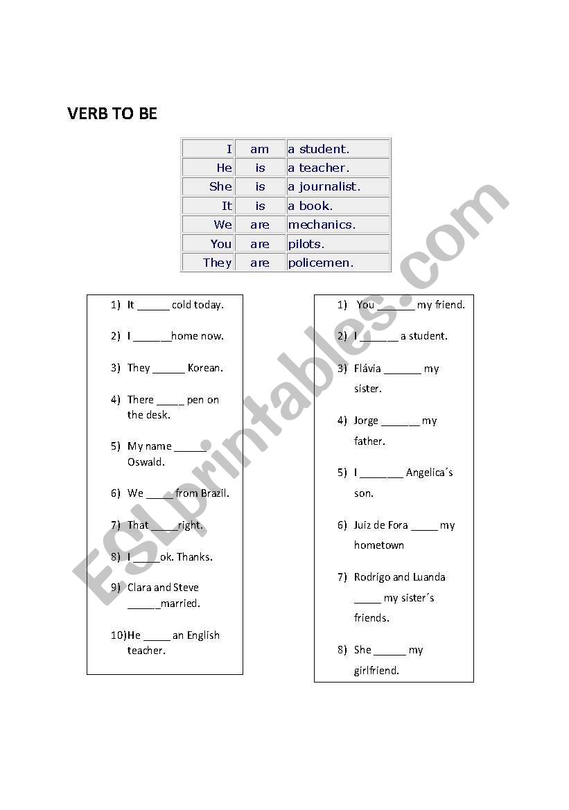 Verb to be excercises worksheet