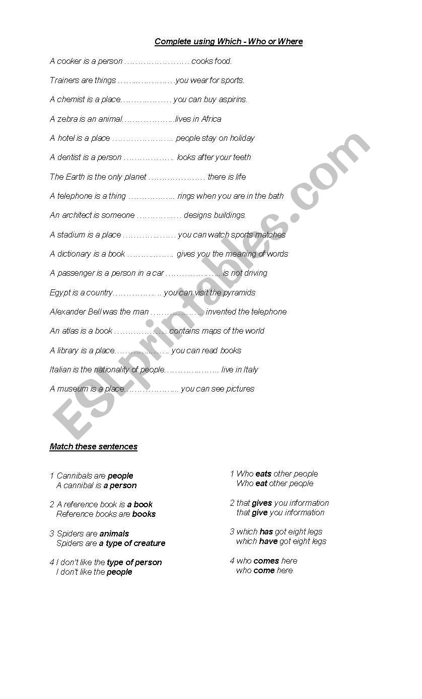 who,which or where? worksheet