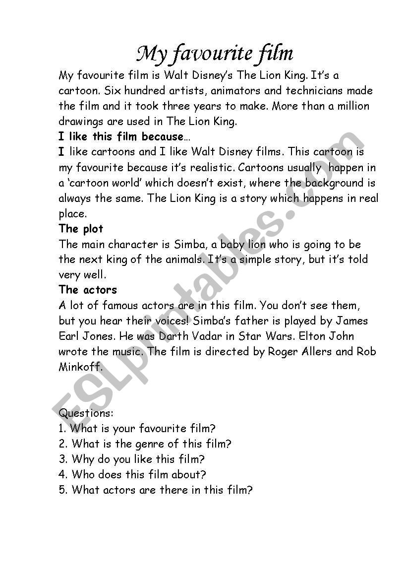 My favourite film worksheet