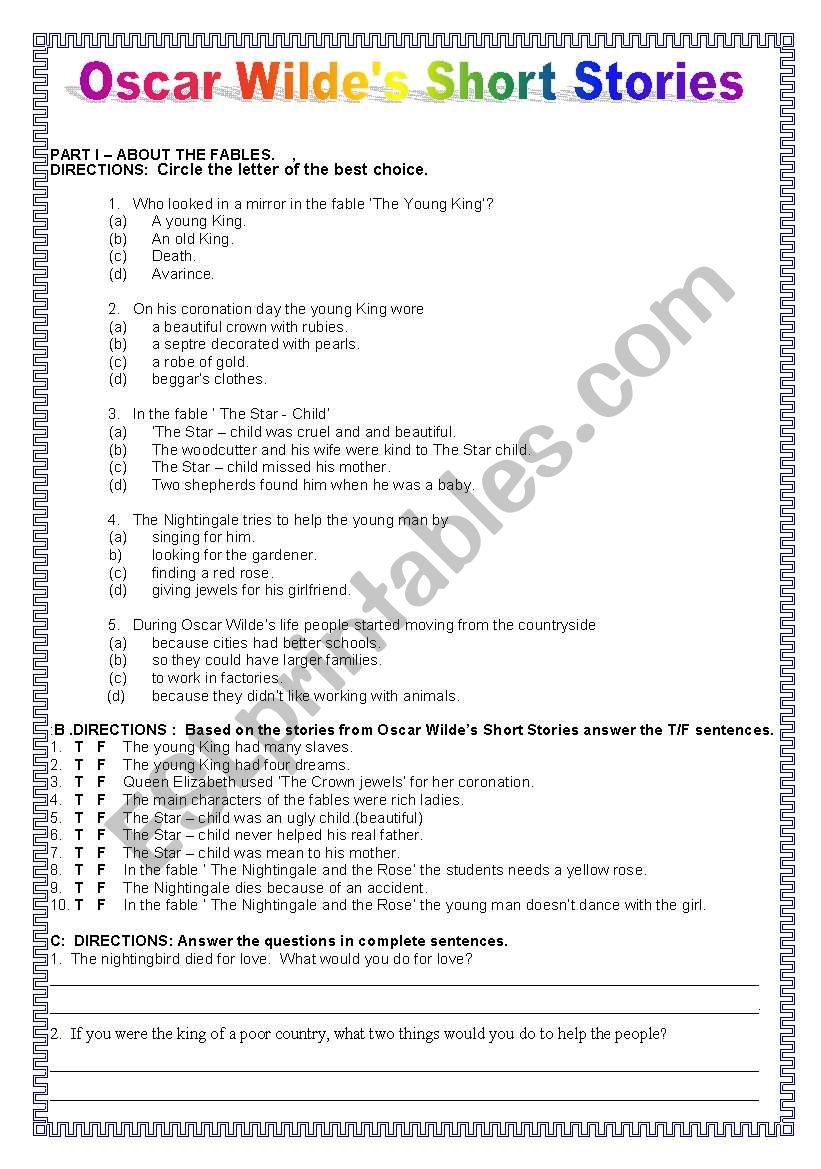 Oscar Wildes Short Stories worksheet