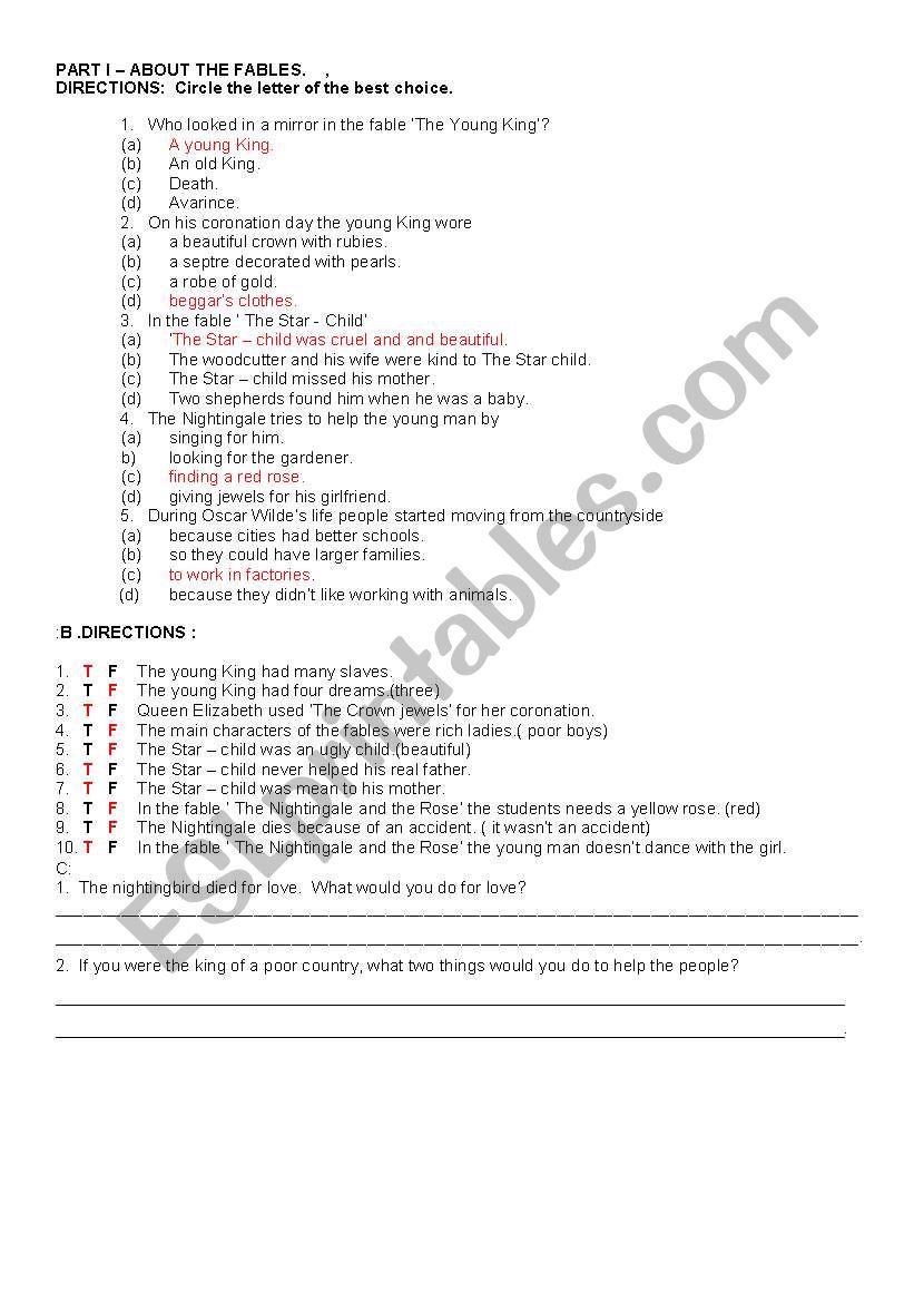 Oscar WildeÂ´s Short Stories Answer key