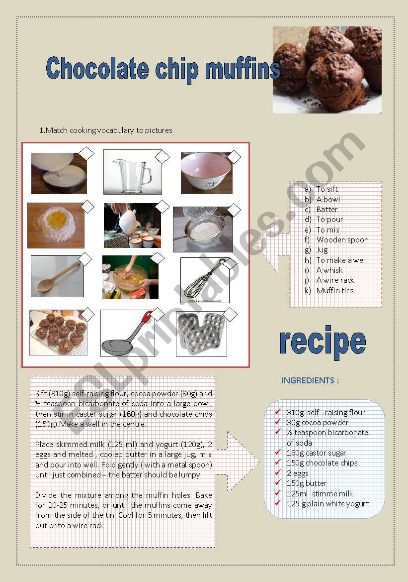 chocolate chip muffins recipe and cooking vocab