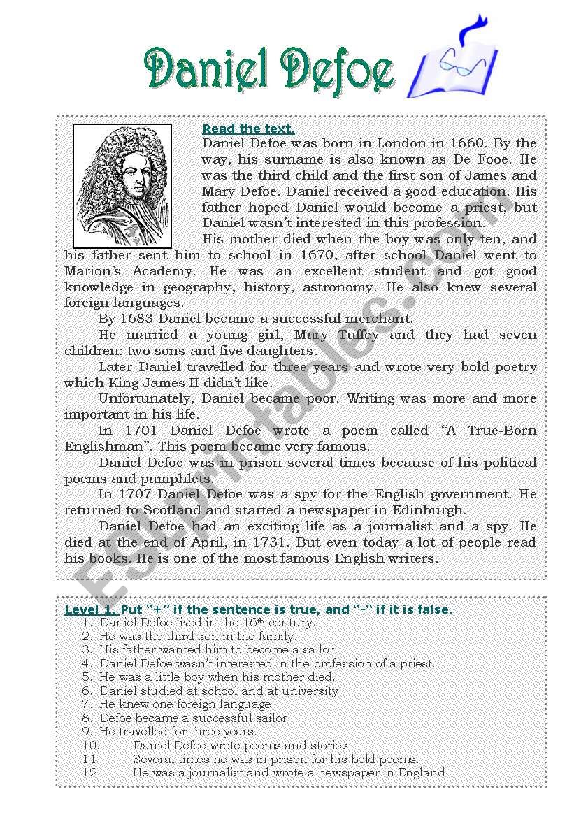 DANIEL DEFOE worksheet