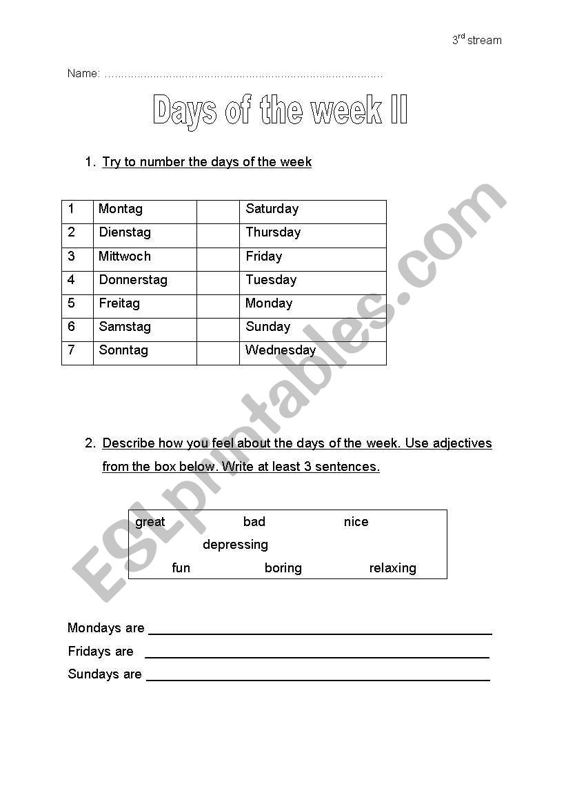 days of the week worksheet
