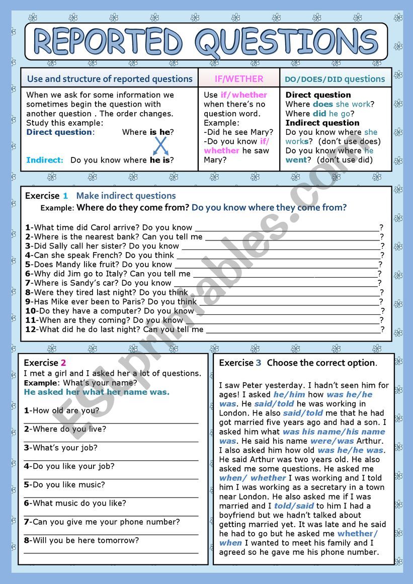 REPORTED QUESTIONS  worksheet