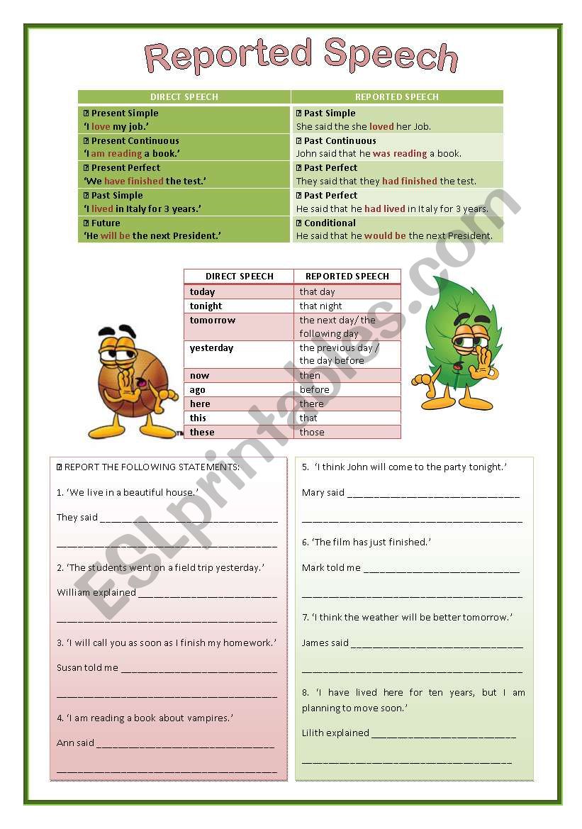 REPORTED SPEECH worksheet