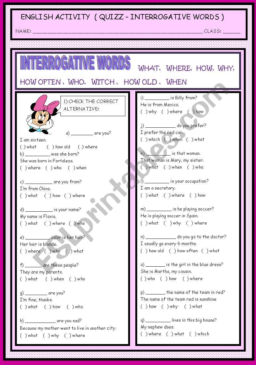 INTERROGATIVE WORDS ( QUIZZ ) worksheet
