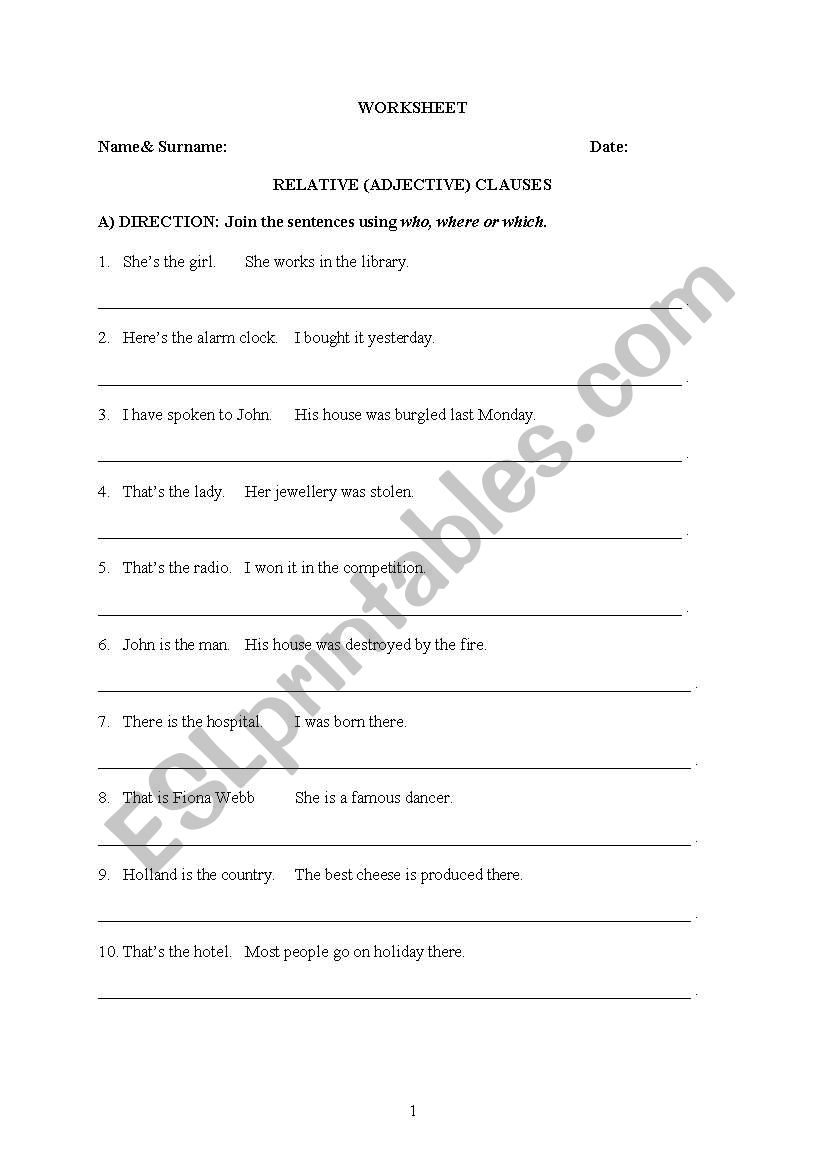 Relative Clauses worksheet